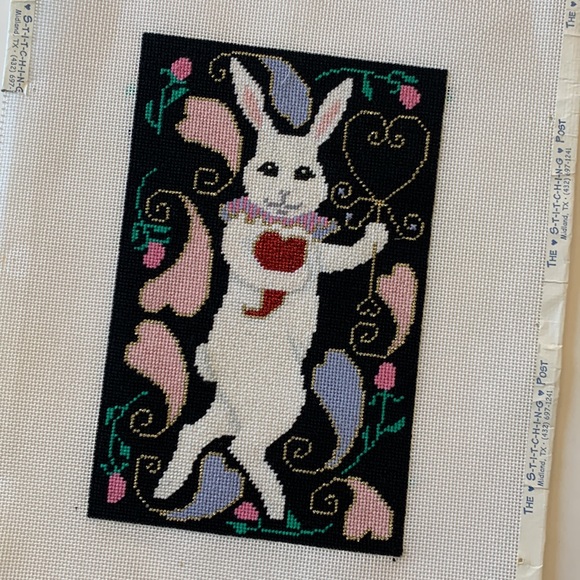 Brenda Stofft B-169 Completed Cross Stitch White Rabbit Wand Hearts Roses Pic